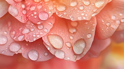 A close-up of raindrops on the petals of a pink rose, with the droplets glistening in the soft light
