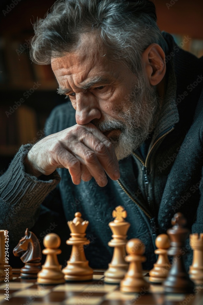 Poster a person engaged in a game of strategy and skill on a wooden chessboard