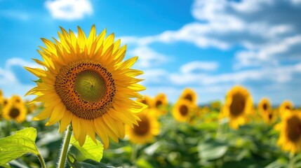 Obraz premium A field of sunflowers stretching towards a bright blue sky, with a focus on the largest flower in the foreground