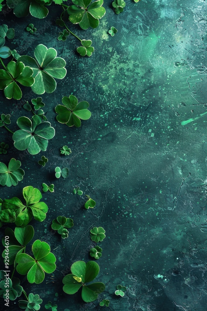 Poster a collection of green leaves arranged on a dark surface, ideal for use in design or photography proj