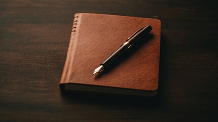 A brown notebook with a fountain pen resting on it, suggesting writing or note-taking.