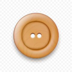 Vector Brown Color Wooden Two Holes Clothes Button Closeup, Isolated on White Background with Reflection. Round Button, Front View