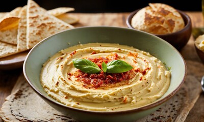 Hummus A bowl of smooth hummus garnished with a drizzle of olive oil and a sprinkle of paprika, served with pita bread.