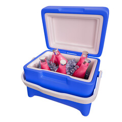 A blue cooler with bottles inside of it. 3D illustration.