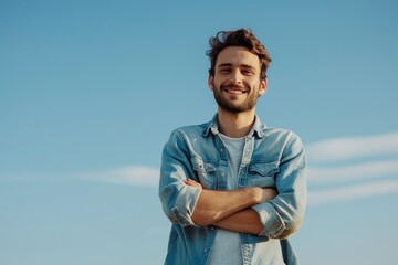 A person wearing a denim shirt stands with their arms crossed, offering a casual and relaxed atmosphere