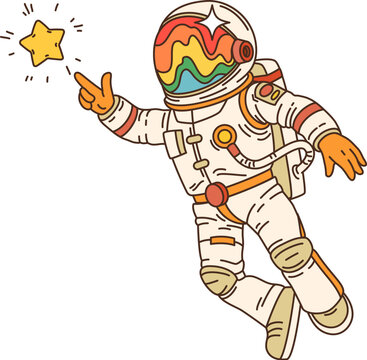 Cartoon groovy space astronaut or spaceman character in galaxy, vector 70s retro art. Groovy spaceman character in psychedelic rainbow spacesuit helmet reaching out and touching star with finger