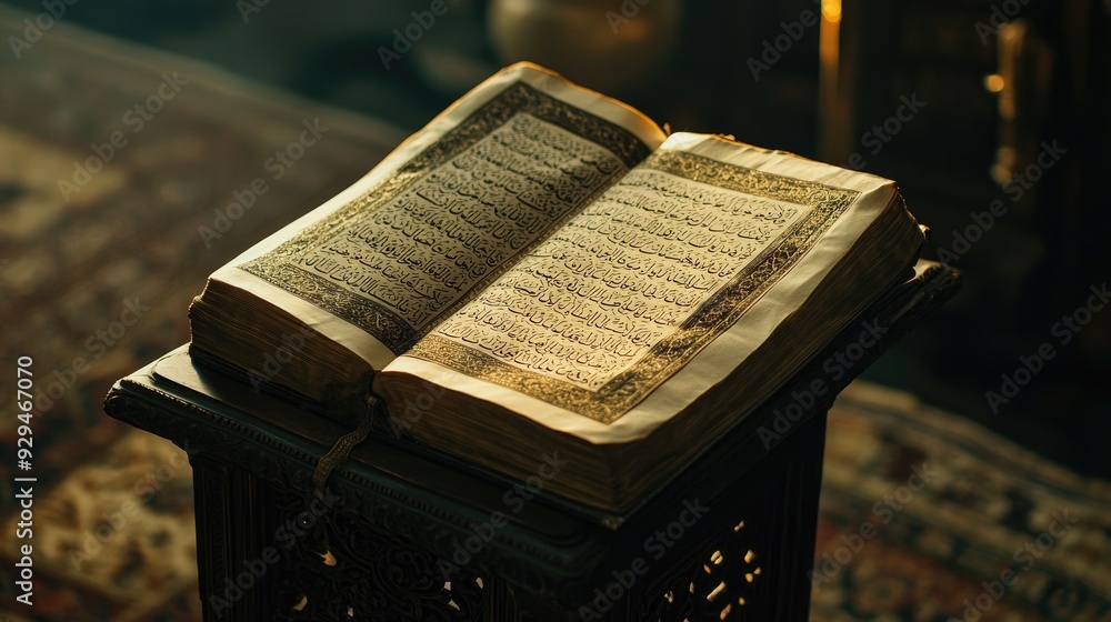 Poster a close-up of a resting on a stand, with focus on the intricate calligraphy and the hands turning th