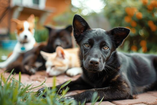 A group of dogs relaxing in a lush green meadow, great for pet or animal related concepts