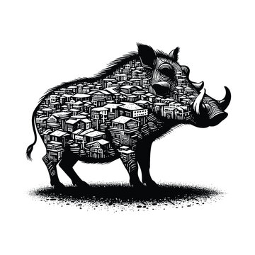 recommend clip art: silhouette of Warthog, filled with ghetto street in rough drawing,