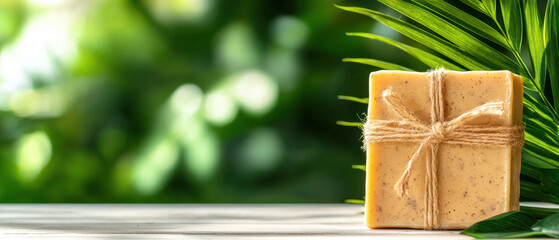 A box of soap is sitting on a table next to a leafy green plant