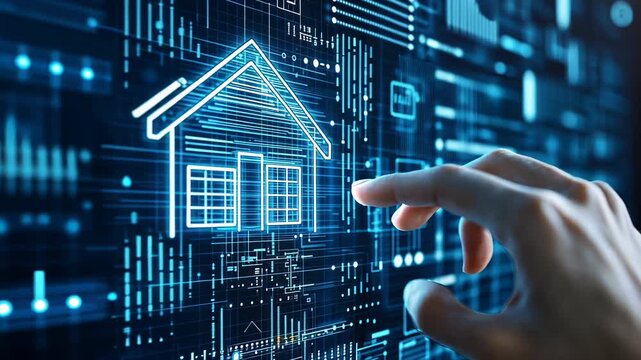 Hand touches holographic house icon amid digital data streams. Futuristic interface showcases smart home technology and digital real estate concept.	