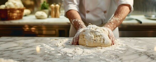 A Baker's Hands Shaping a Dough Ball on a Floured Marble Countertop