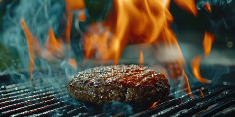 A close-up shot of a juicy burger sizzling on a barbecue grill