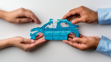 Two people are holding a blue car puzzle together