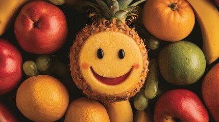 A cheerful pineapple with a smiley face surrounded by various fruits.