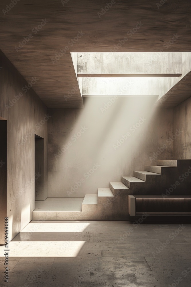 Poster a minimalist interior scene featuring a staircase and a skylight, suitable for use in architectural 