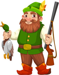 Gnome dwarf hunter character with gun and duck, vector cartoon fairy tale personage. Gnome man hunter or little dwarf in green jacket and hat with feather, duck game and hunting rifle