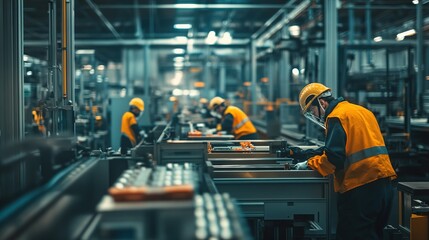 Factory workers in safety gear operating machinery on an assembly line, focusing on their tasks amidst a busy production environment