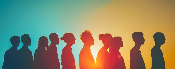 Silhouettes of Diverse Individuals Standing Together at Sunset