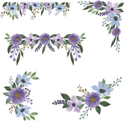 arrangement of purple and blue watercolor spring flower 