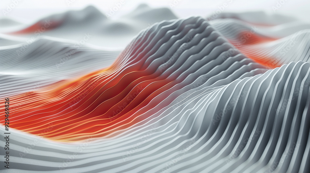 Poster abstract wavy terrain with red accents and white layers..