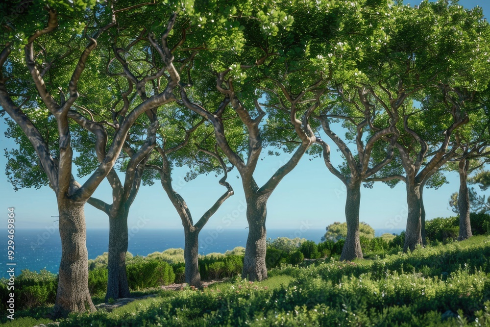 Poster A scenic view of hills and trees with the ocean visible in the distance
