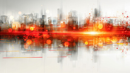 Futuristic Cityscape with Vibrant Red and Orange Digital Effects..