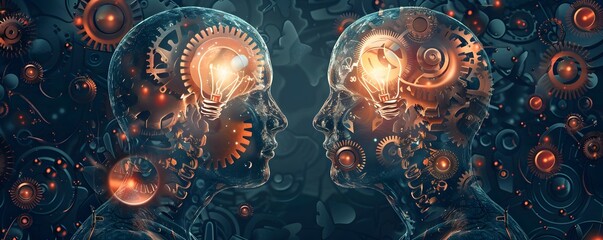 Two Metallic Heads With Cogs and Lightbulbs