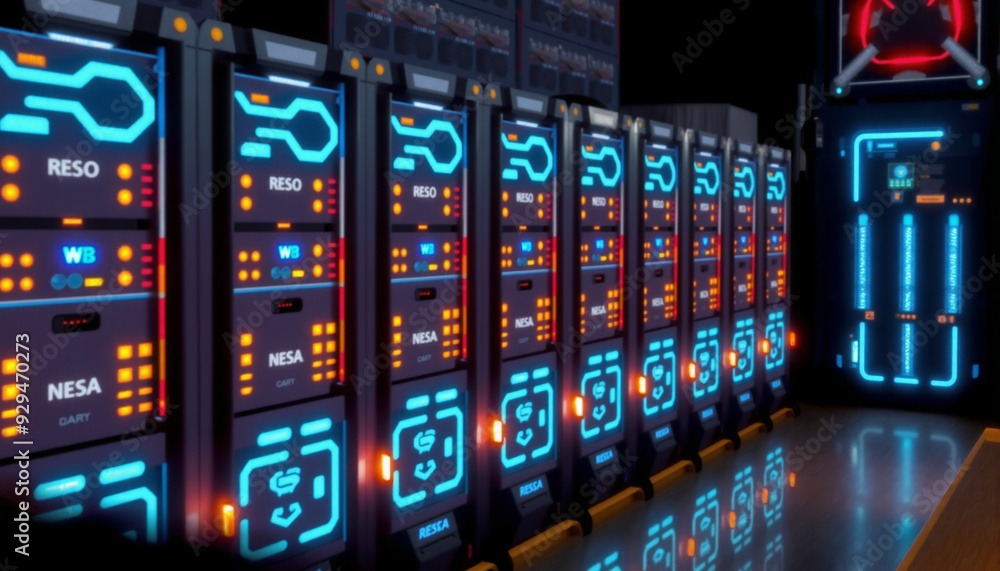Poster the image shows a row of servers in a data center with blue and red lights, a dark atmosphere, and a