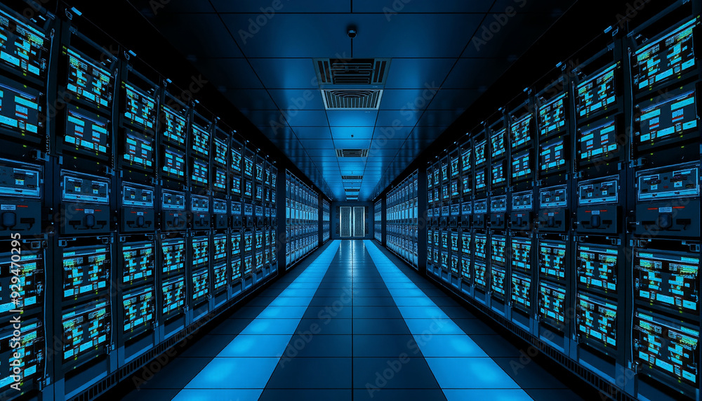 Poster long corridor in a data center with rows of servers. servers with a dark and futuristic atmosphere e