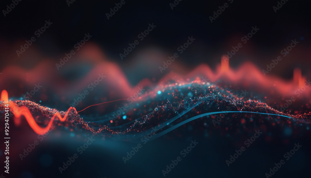 Poster an abstract red and blue waveform on a black background, creating a dynamic and tech-driven atmosphe