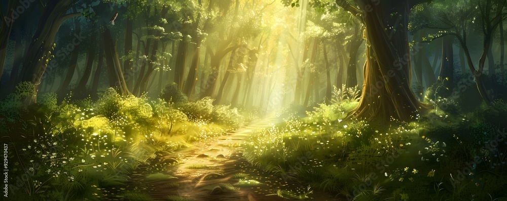 Poster Sunlit Path Through a Lush and Enchanting Forest