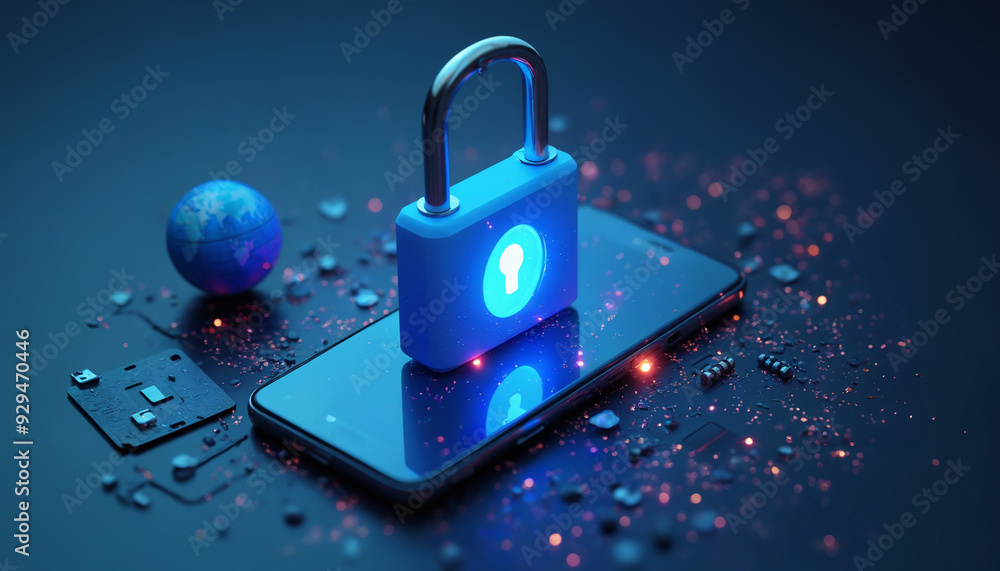 Poster a blue padlock on a smartphone, surrounded by symbols like a globe and microchip, emphasizes securit
