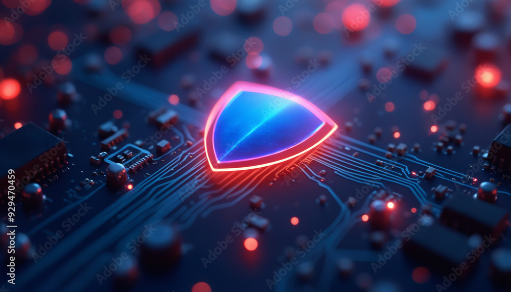 Poster a red and blue shield on a circuit board, illuminated with lights, presenting a futuristic and ether