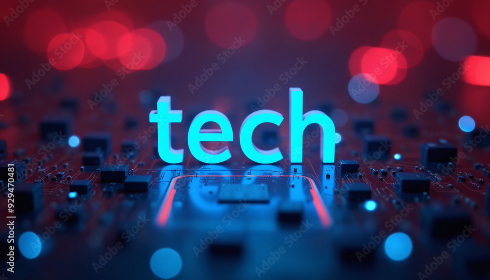 Poster a circuit board with tech highlighted in blue letters against a gradient background, symbolizing tec