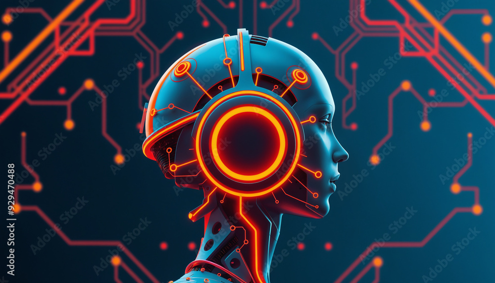 Poster digital illustration of a woman’s head with a circuit board background. the design features a glowin