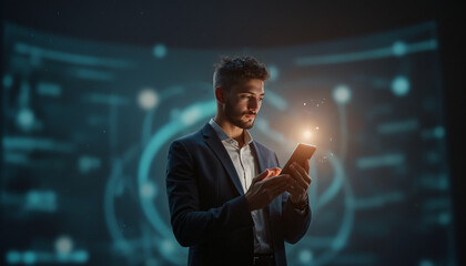 A man in a suit, standing before a futuristic screen, holds his phone as blue light casts a serious mood, like a digital sentinel in the age of information.