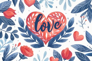 A red heart is surrounded by blue leaves and red flowers, conveying love and beauty