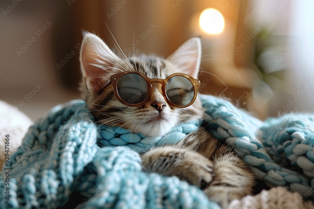 Poster Cute Kitten Wearing Sunglasses in a Blanket