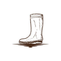 Vintage Retro Hand Drawn Rubber Boot Shoe for Gardening Farm or Emergency Equipment Icon Illustration