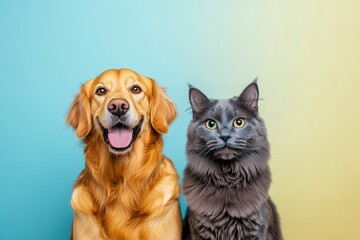 Fototapeta premium Happy panting Golden retriever dog and blue Maine Coon cat looking at camera, Isolated on color , ai