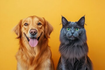 Happy panting Golden retriever dog and blue Maine Coon cat looking at camera, Isolated on color , ai