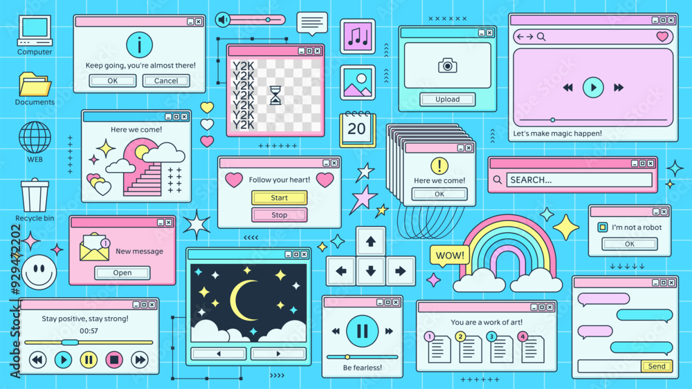 Poster Y2K windows and retro browser pages of PC computer screen, cartoon vector background. Retro 90s Y2K computer interface windows of browser tab, loading or search bar and music player and folder icons