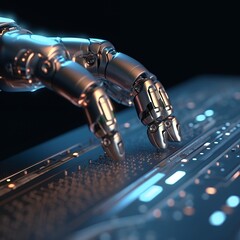 A robotic hand interacts with a digital interface, showcasing technology and innovation.