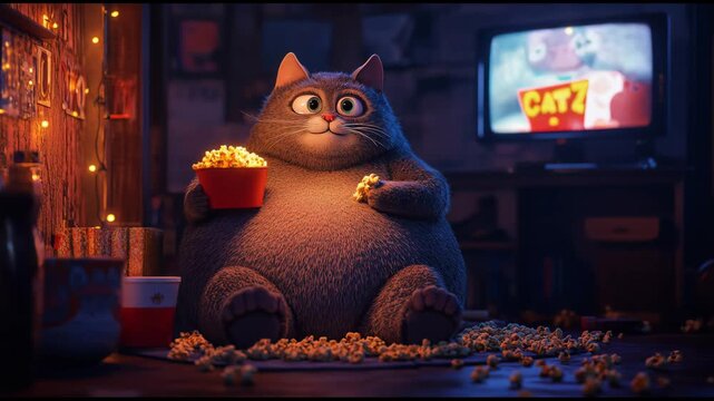 fat cheerful cat sits in a chair and watches TV with popcorn