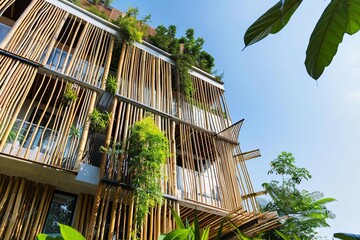 A contemporary building showcases bamboo architecture adorned with various plants and trees under a...