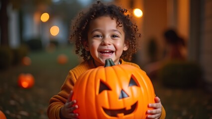 Obraz premium A happy child holding a jack-o'-lantern, smiling widely during Halloween festivities