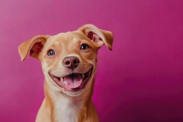 Fototapeta premium Happy puppy dog smiling on isolated color background. copy space , ai