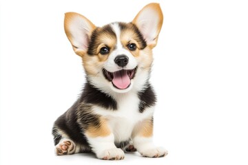 Obraz premium happy Puppy Welsh Corgi 14 Weeks old, dog winking, panting and sitting isolated , ai