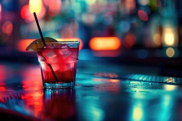 A refreshing drink served with a lemon wedge on a modern bar countertop